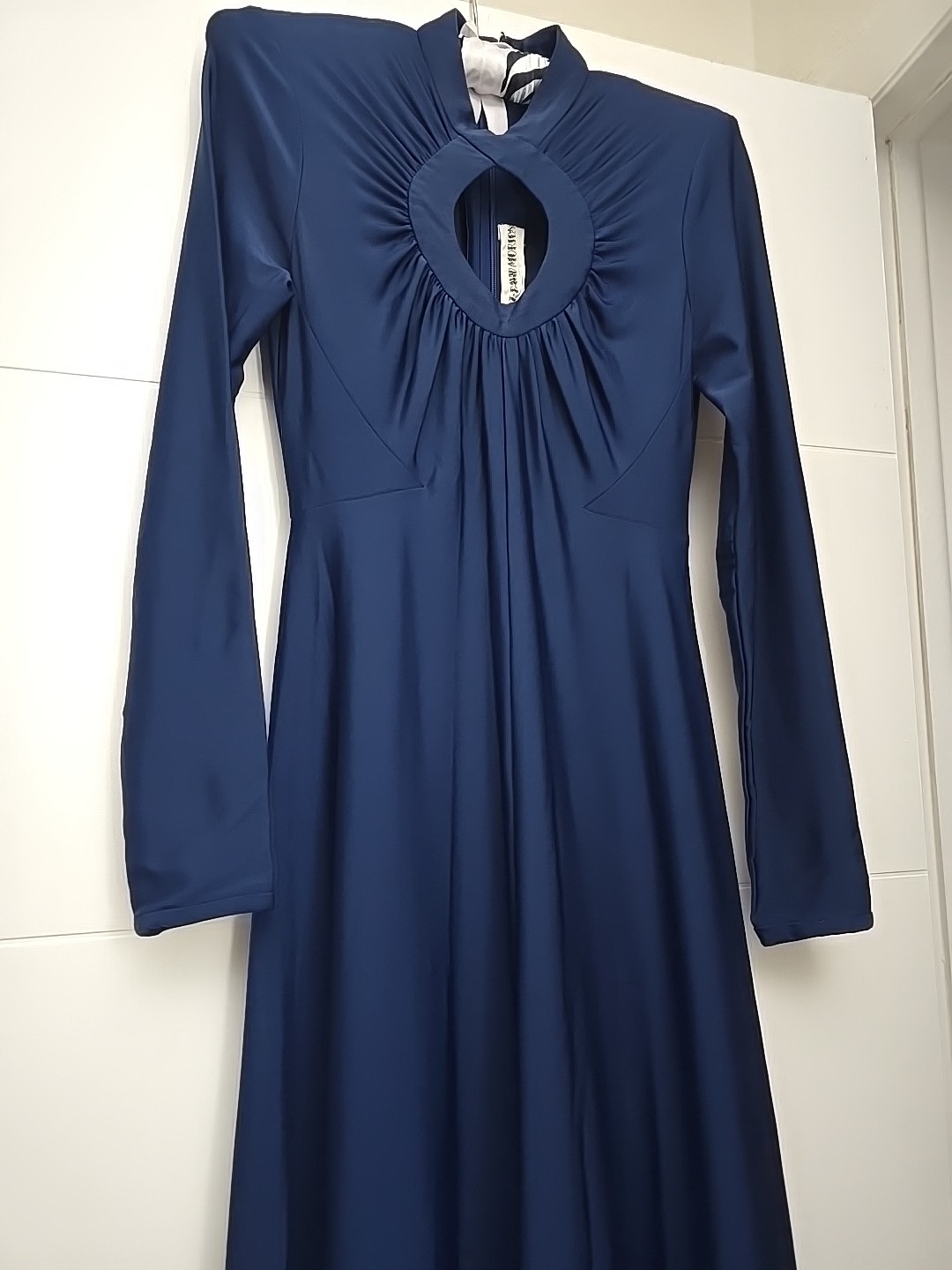 Vintage Robert-David Morton Navy Blue Jersey Gown | Keyhole Neck Maxi Dress 70s