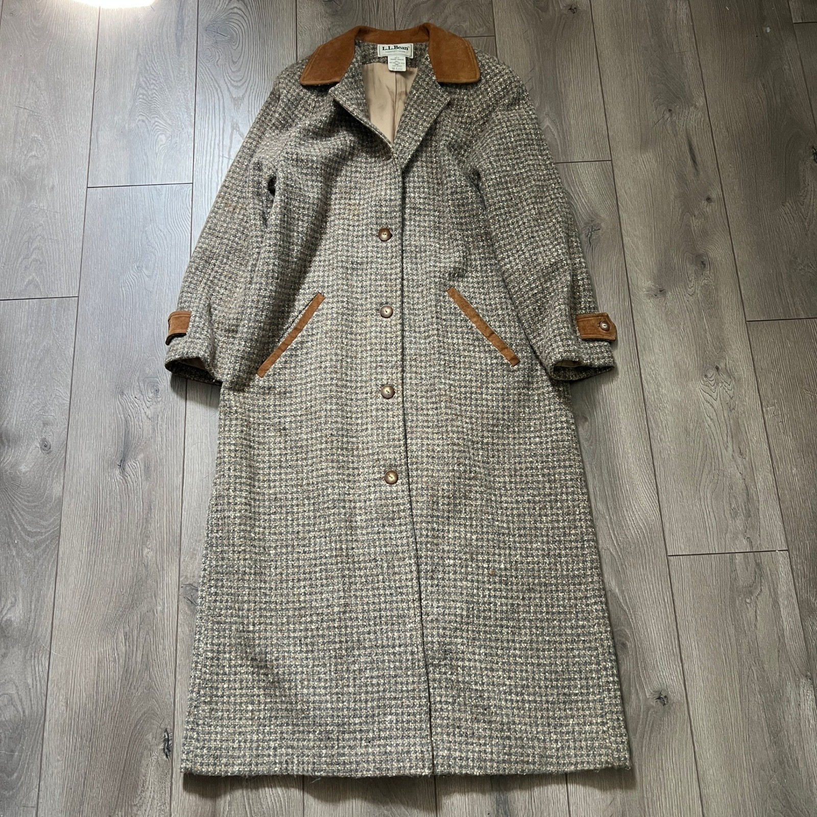 Vintage 1980s LL Bean Tweed Wool Trench Coat Brown Suede Womens Large
