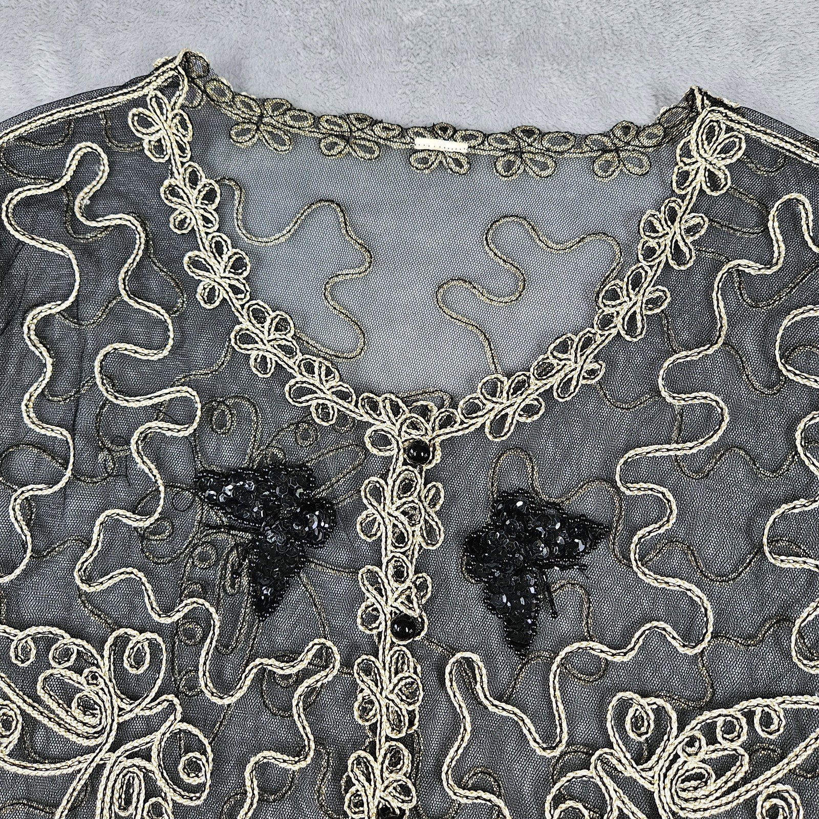 VTG Womens Butterfly 3D Embroidered Sheer Mesh Cardigan Shirt Black Gold No Tag