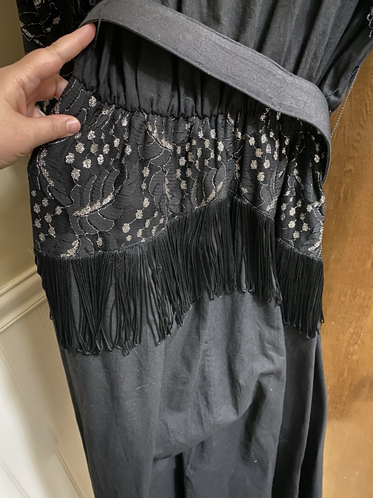 Vintage Lilia Smitty Western Dress Black Silver Fringe Size 11/12 Lace Rodeo