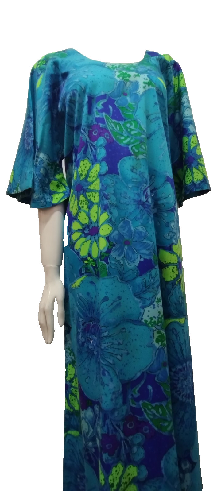 Vintage Maxi Dress Barkcloth Neon Turquoise Huge Flowers 60s Draper’s TWO POTATO