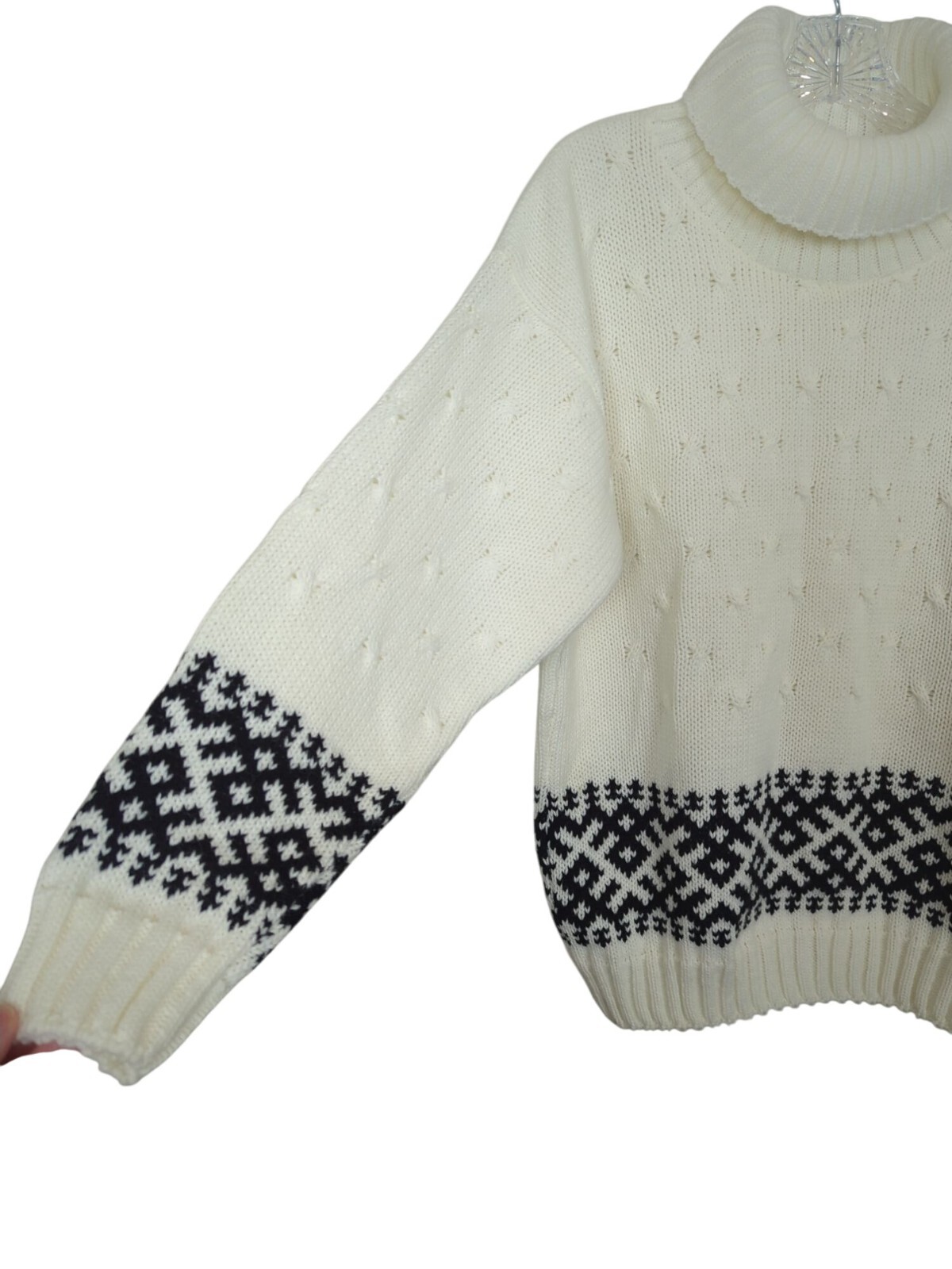 Vintage JOLIE Nordic Sweater With Turtleneck & Black Geometric Pattern sz M / L