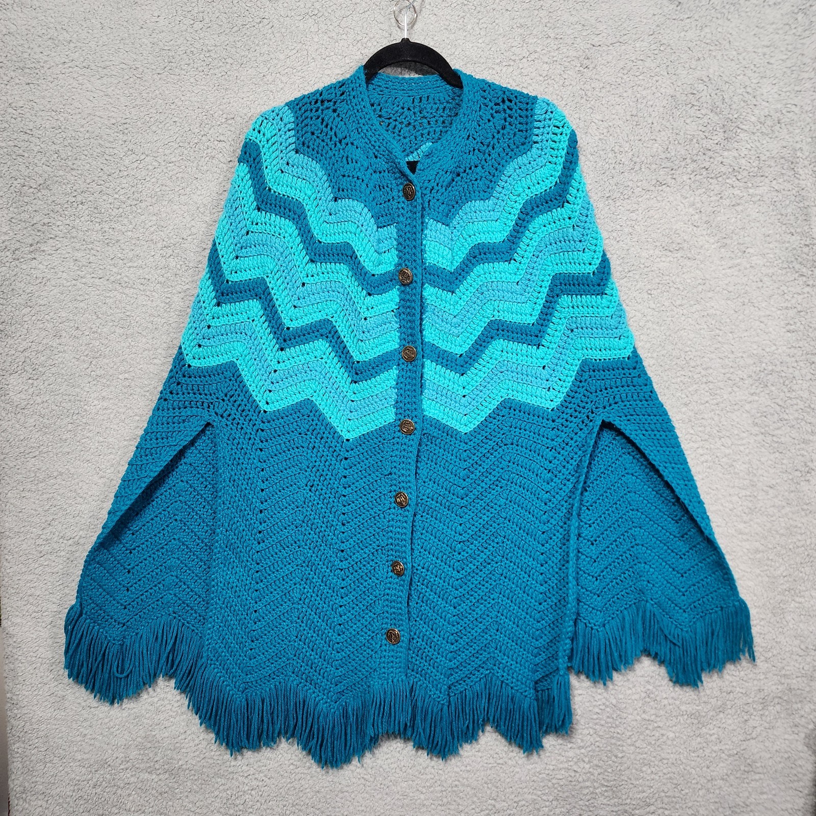 Homemade Hand Knit Teal Crochet Poncho Cape Sweater Cardigan Buttons Vintage
