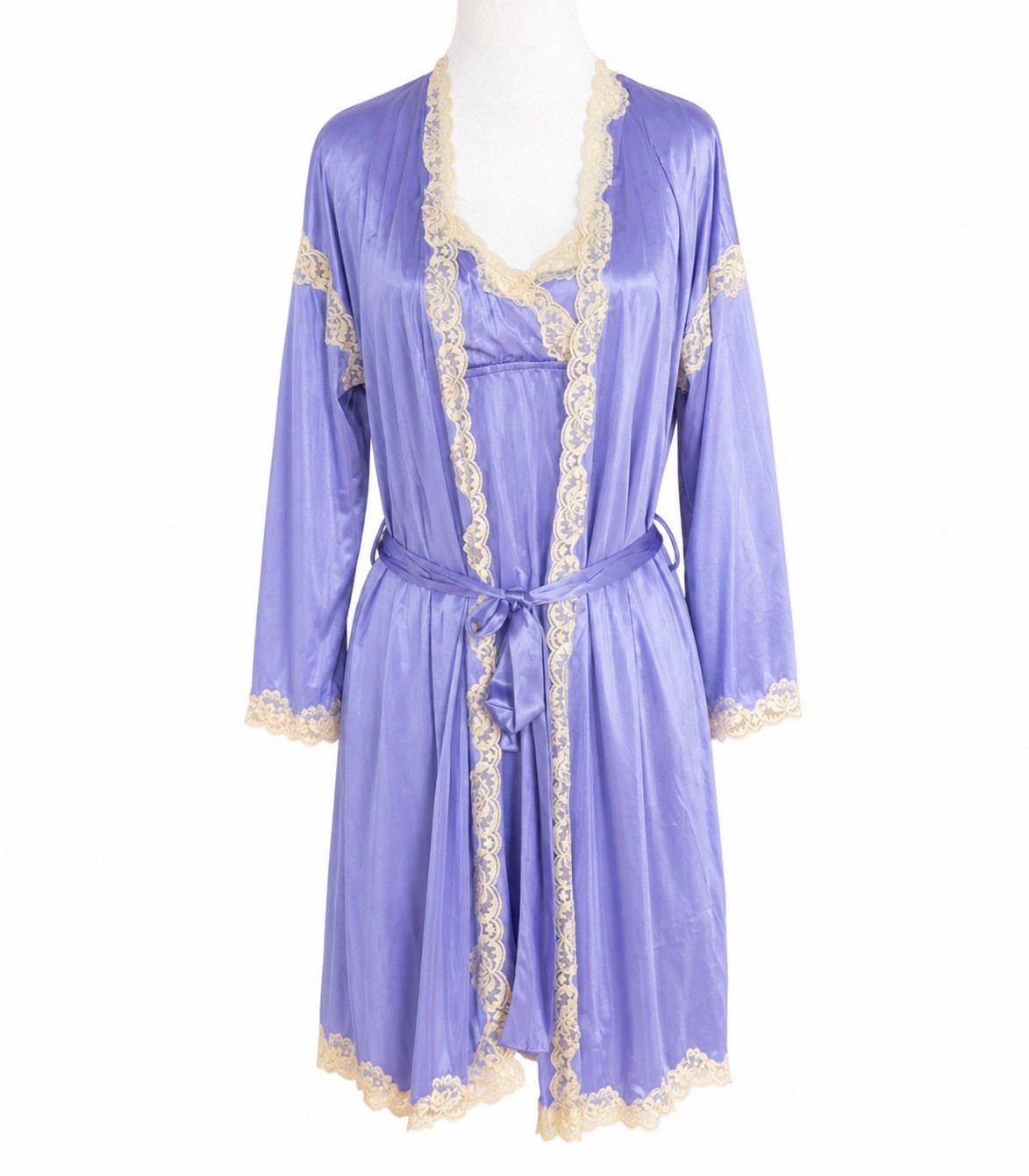 Vtg Papillon Paula Carbone Purple Satin Lace Nightgown Robe Peignoir Set 2pc