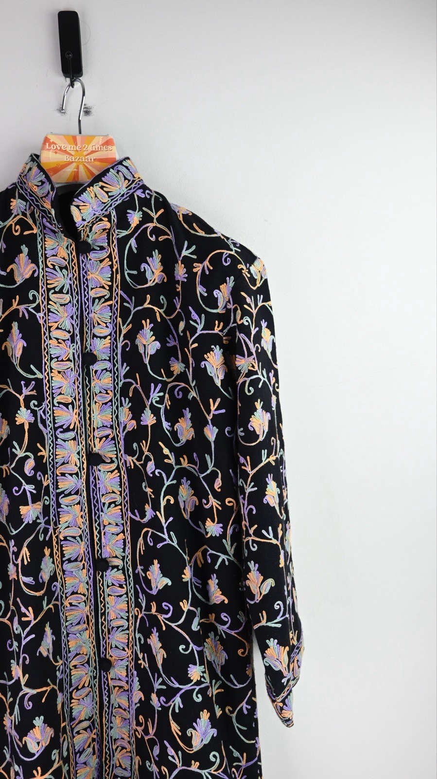 Vintage embroidered kashmiri jacket in black with lavender/gold size UK10