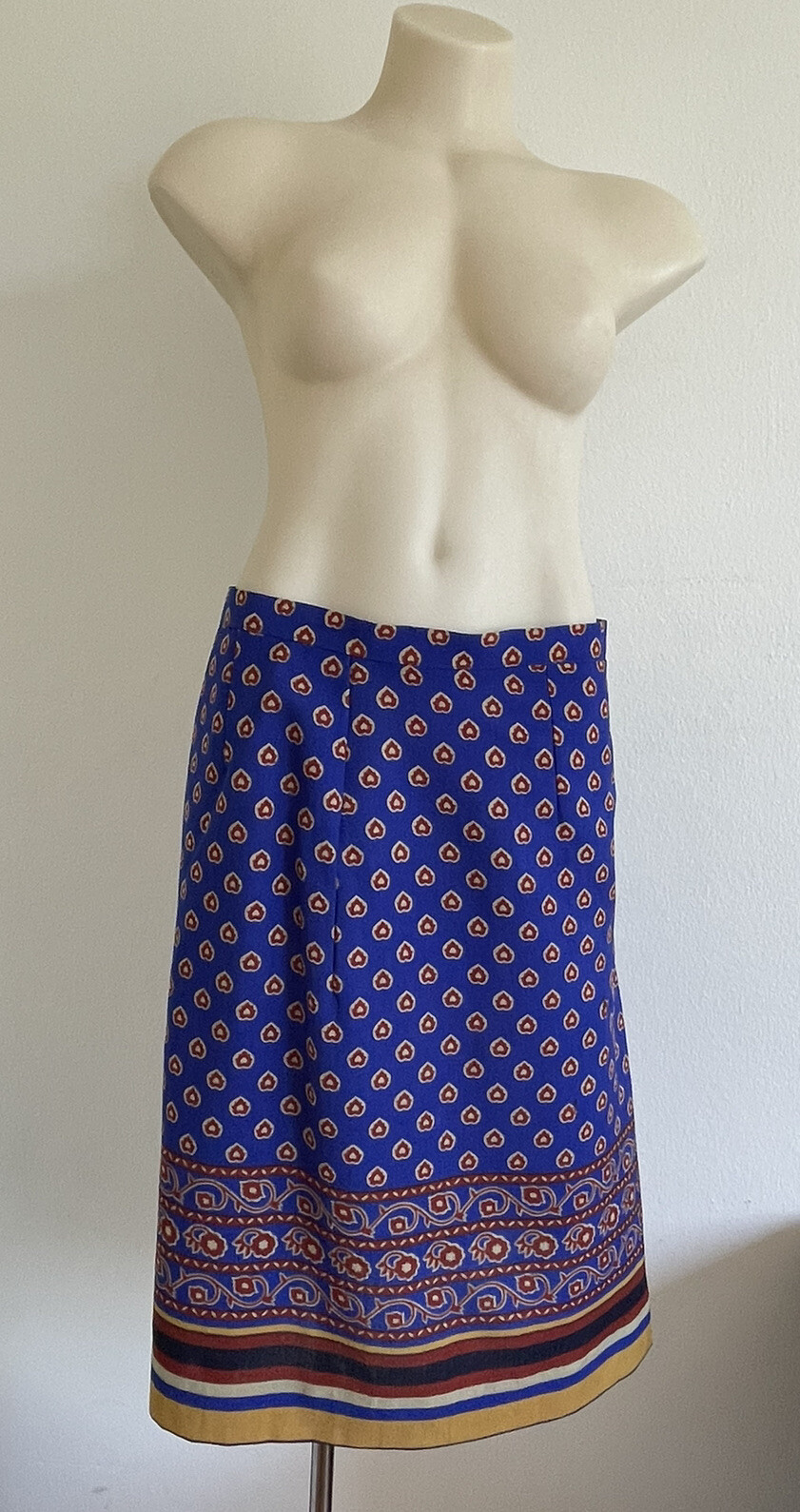 GUY LAROCHE 1980s Vintage Wool Skirt Cobalt Blue Block Print Handmade Size FR42