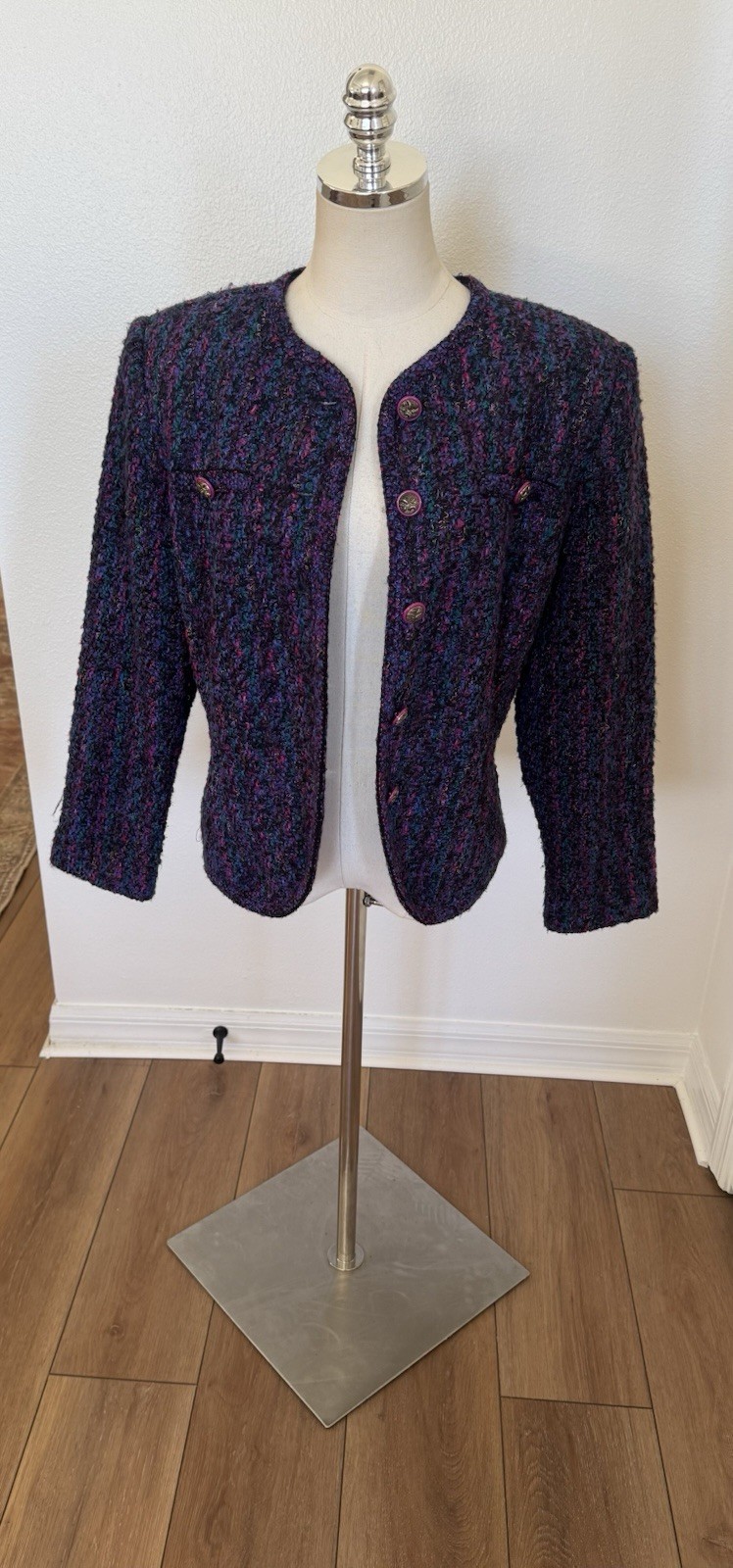 Vintage 80s Lucia Petites Purple Tweed Cropped Blazer Large Multicolored Bouclé