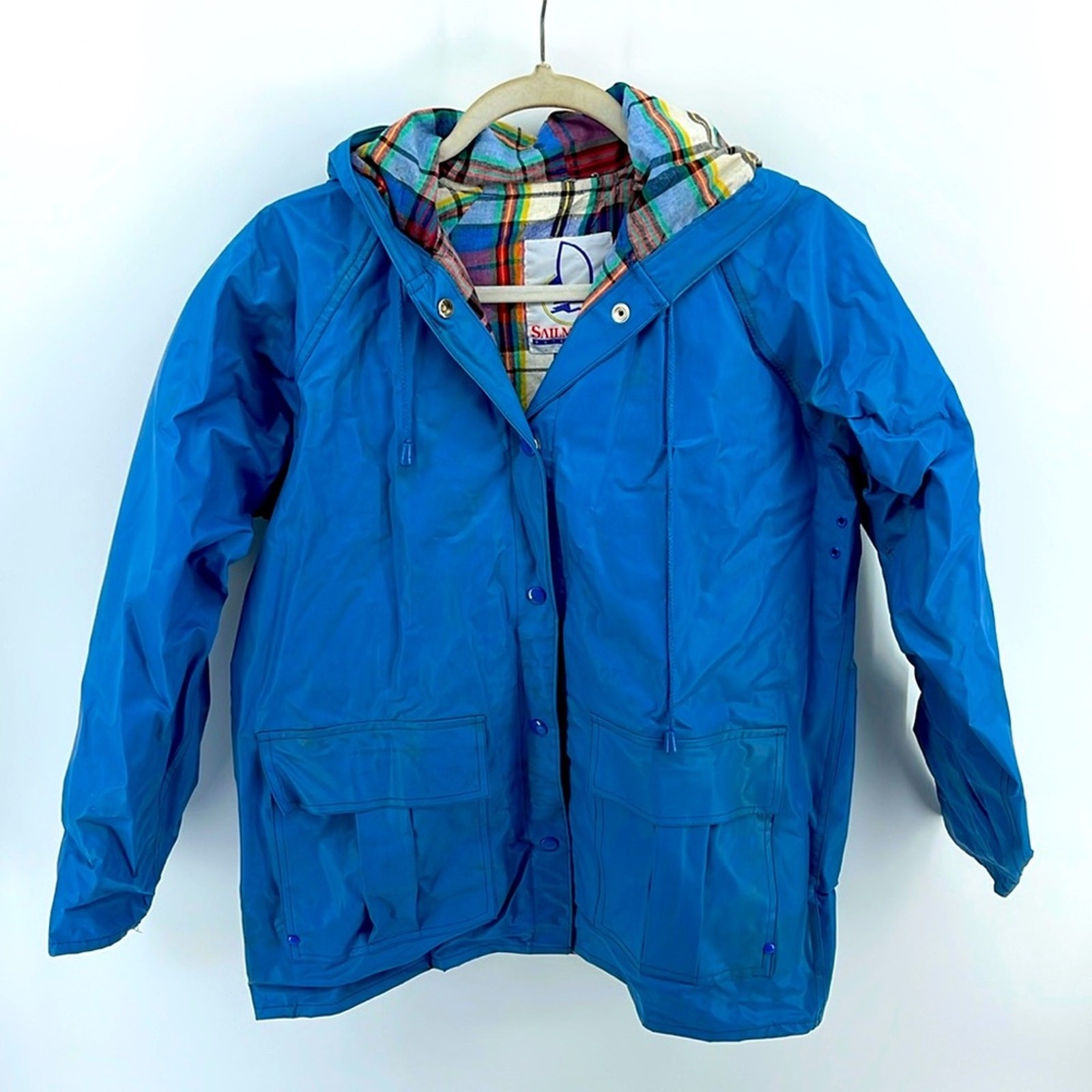 Vintage Sailmaker PVC cotton plaid flannel lined button up hooded raincoat sz S