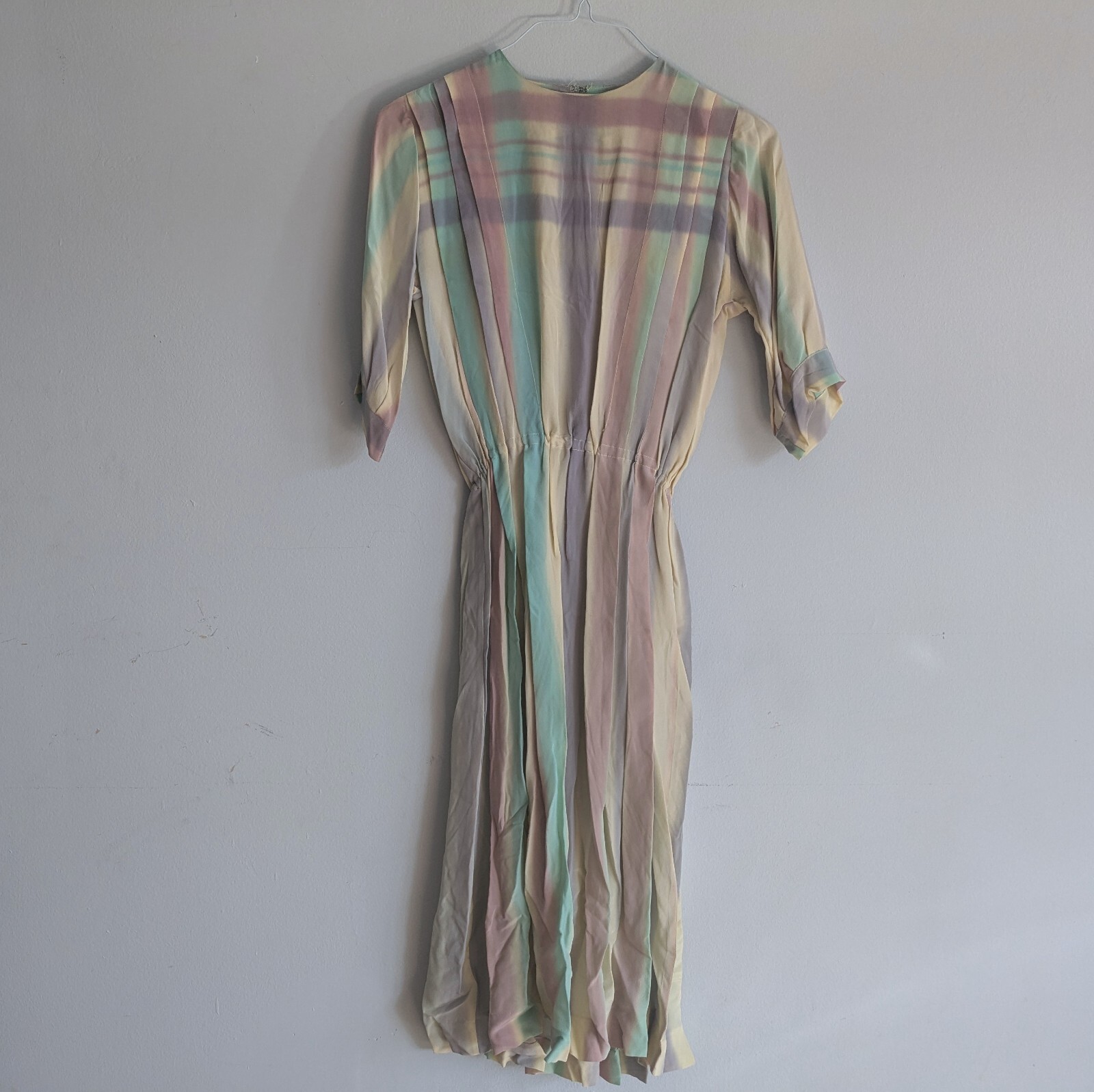 vintage handmade 70s dress midi muted pastel plaid XS / S /M Blouson cottagecore
