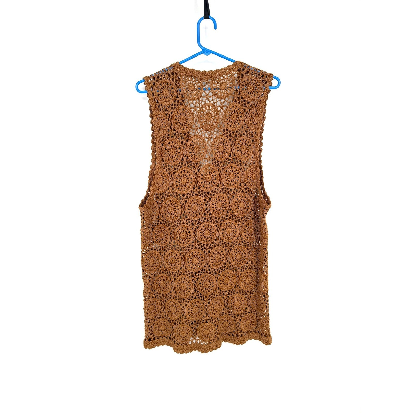Vtg Claudia D Hand Knit 100% Silk Crochet Vest Brown Large Women 1993 Boho