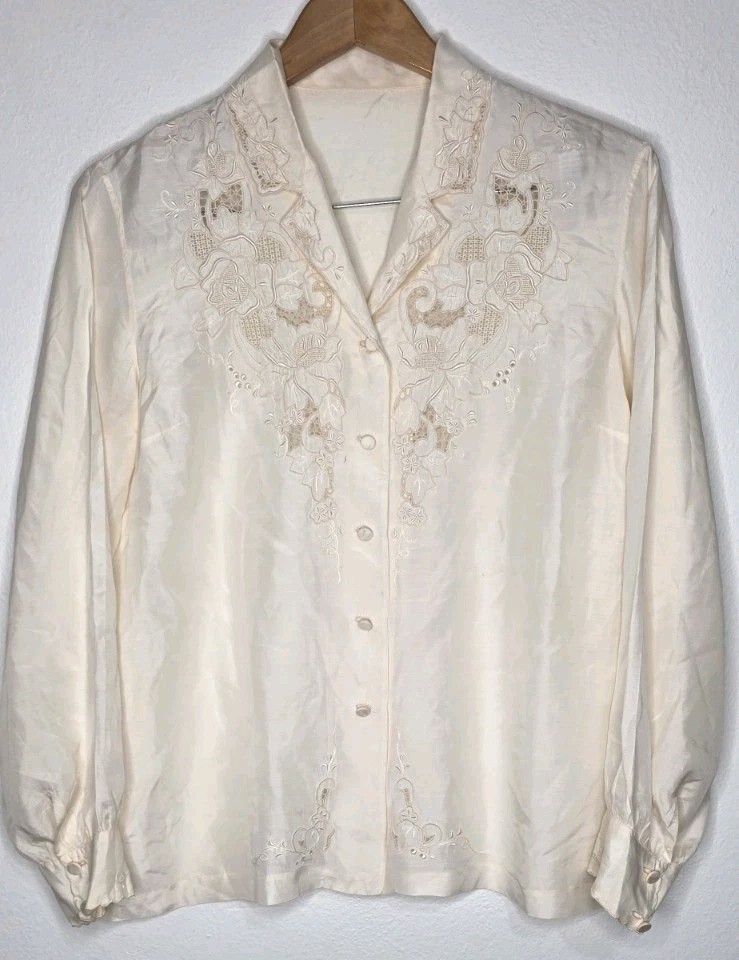 Vintage 70s Silk Hand Embroidered Cut Out Lace Blouse Boho Victorian Ivory