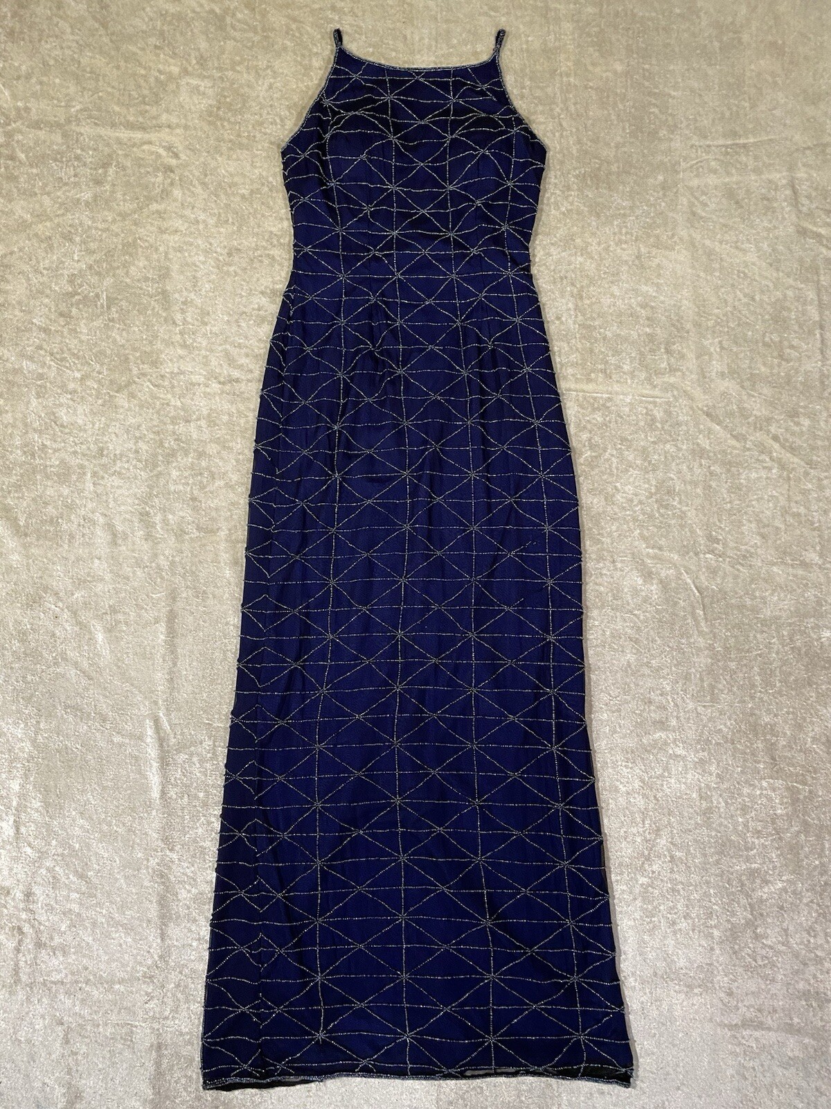 90s Andretta Donatello Beaded Prom Dress Blue Fitted Spaghetti Strap Y2K Small