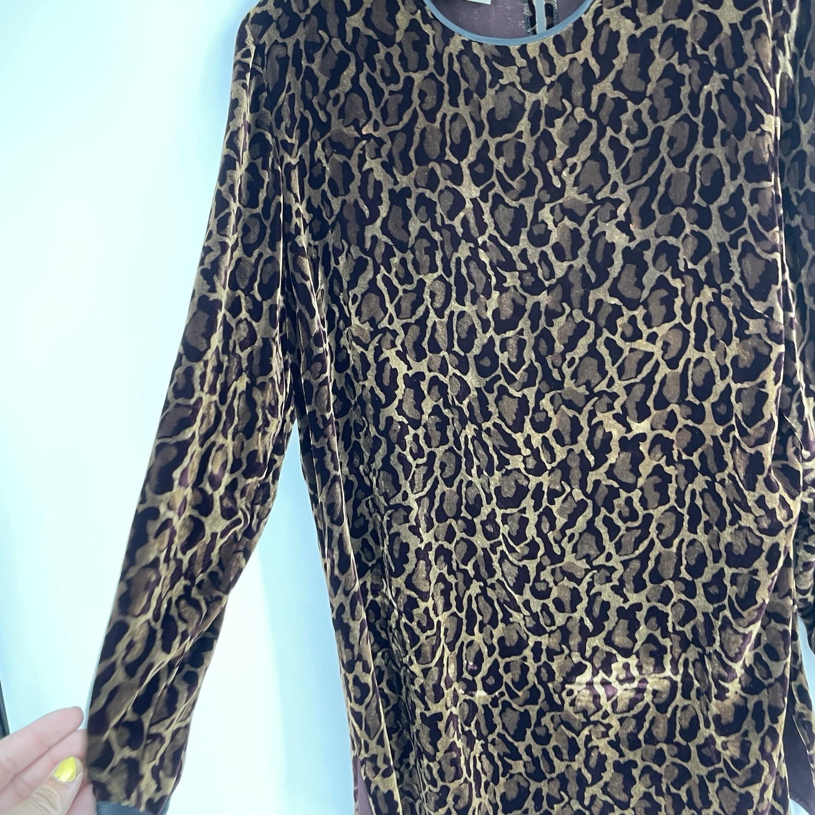 Vintage 90s Maggie Shepherd Cheetah Leopard Velvet Long Sleeve Dress