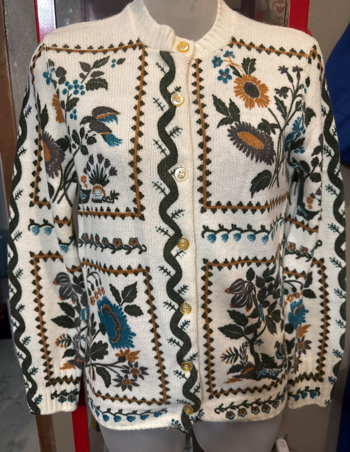 VTG Donnkenny Sweater Folk / Tapestry Cardigan Floral & Bird Motifs S/M