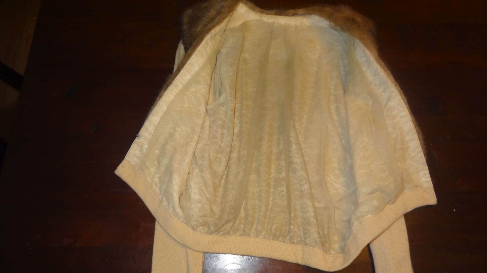 1950’s Pringle Scotland Cashmere Cardigan Mink Fur Collar Yellow Royal Warrant