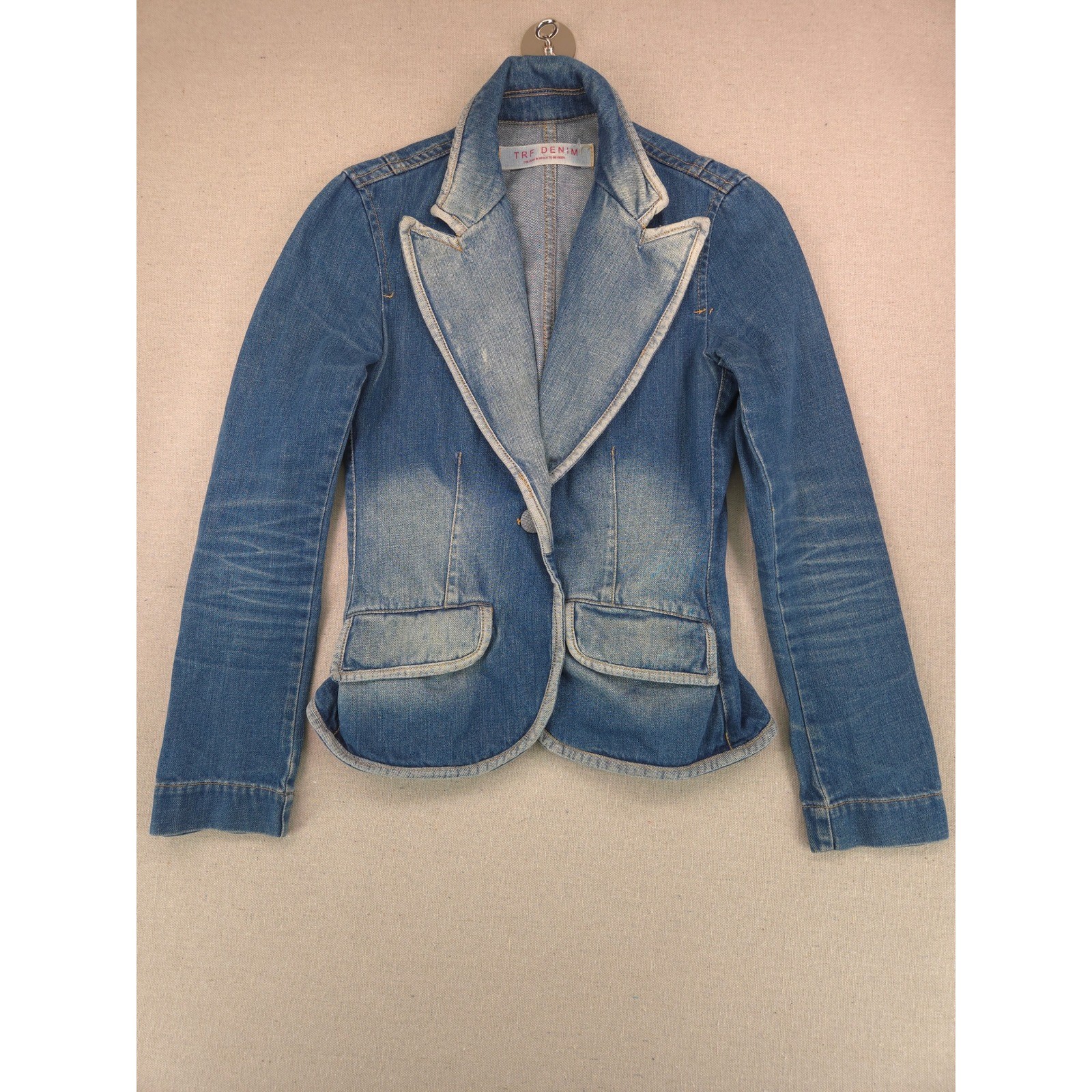 Zara TRF Vintage Denim Blazer Jacket Fitted Blue Faded Wash Medium 6
