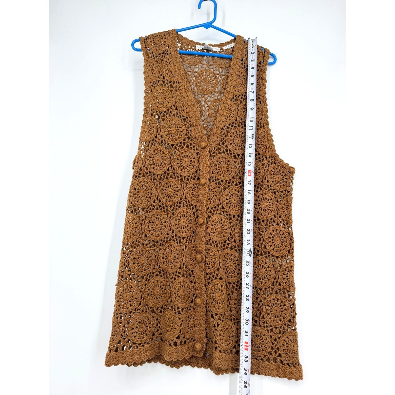 Vtg Claudia D Hand Knit 100% Silk Crochet Vest Brown Large Women 1993 Boho