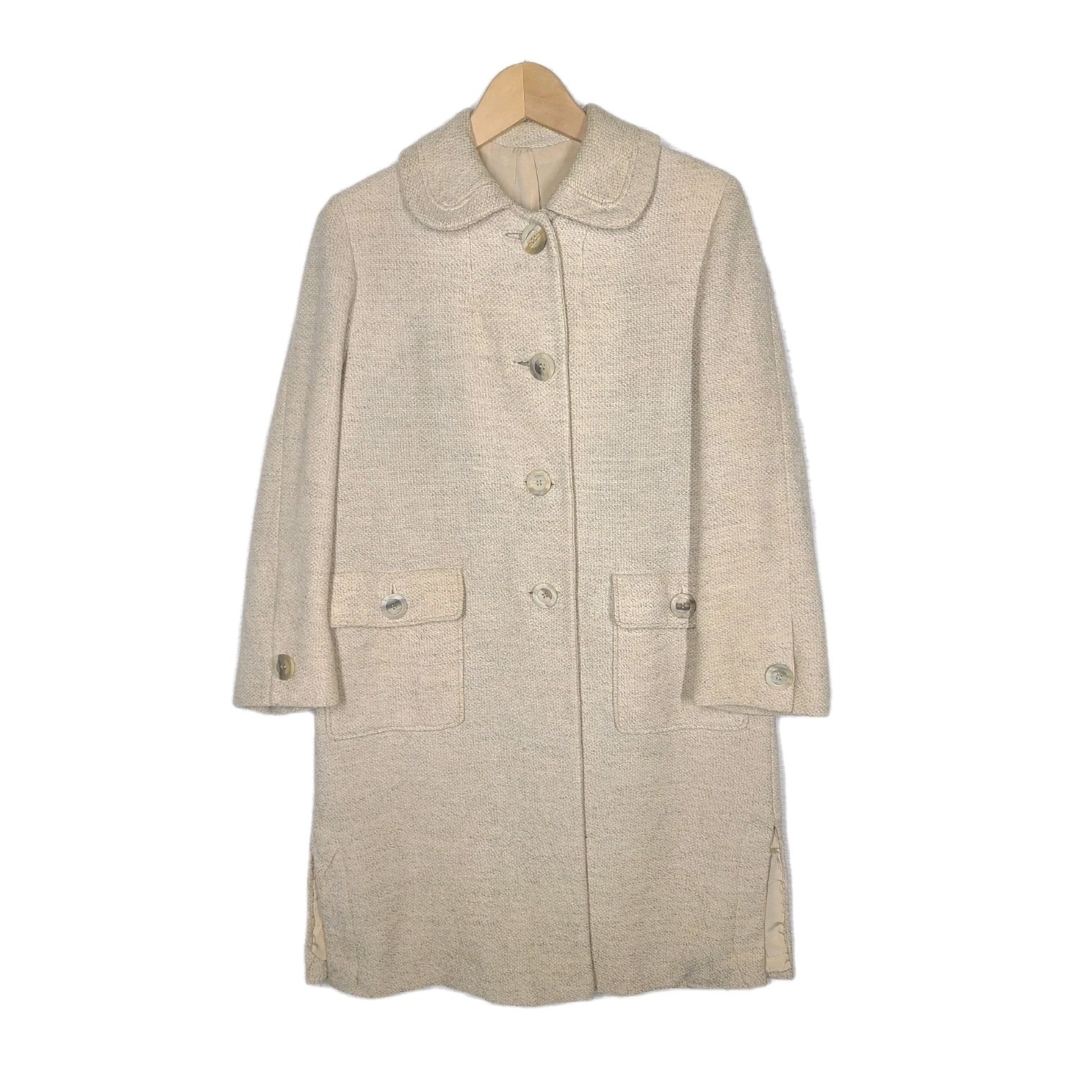 Vtg 1960s Tweed Women’s Coat Mod 100% Wool Silk Lined Medium Davidow Beige Tan