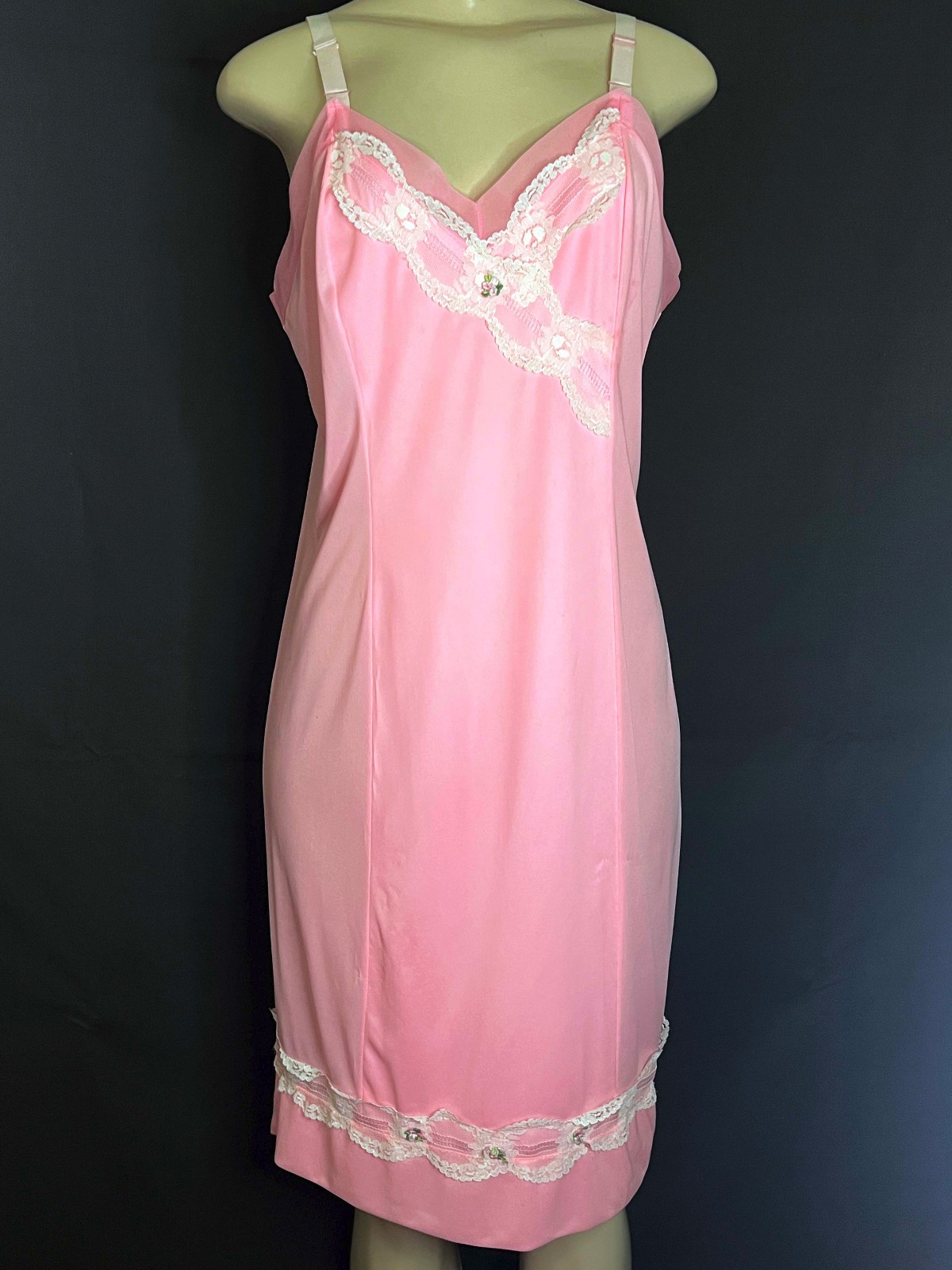 Vintage 50’s Pink Nylon Satin Slip/ Nightgown/ Lace Trim- Sz. 38