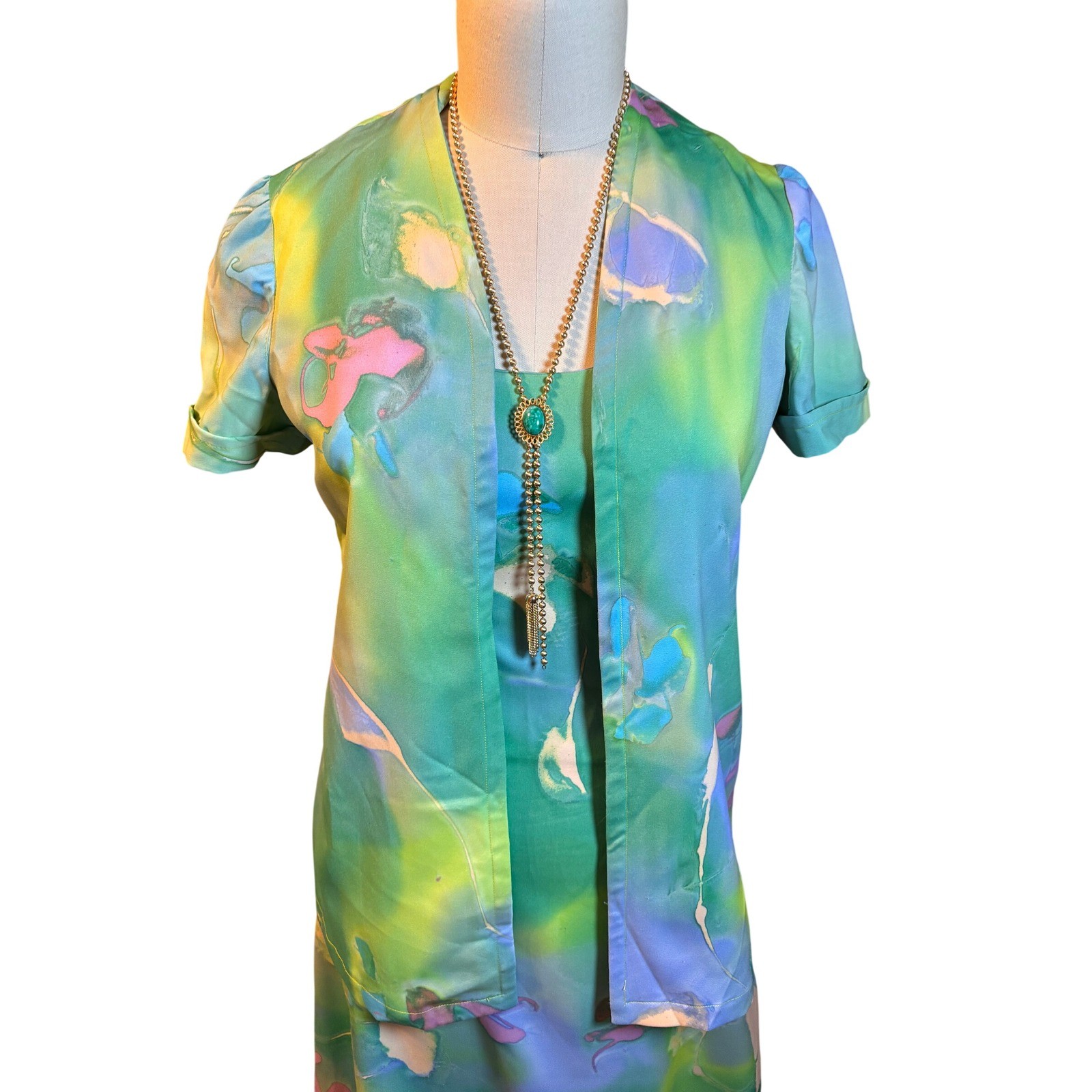 Watercolor Abstract Maxi Dress Set Halter Cutout Bolero Hippie Green Vintage