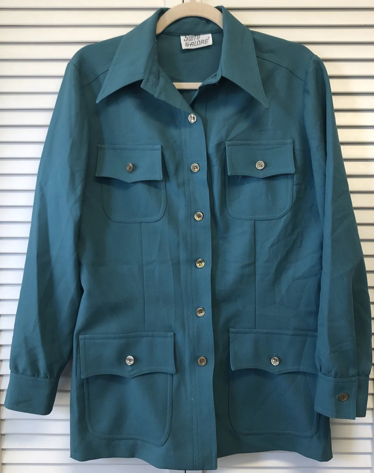 Women’s Vintage 60s 70’s Polyester Jacket Dark Teal Mid Length Sz Medium/Large
