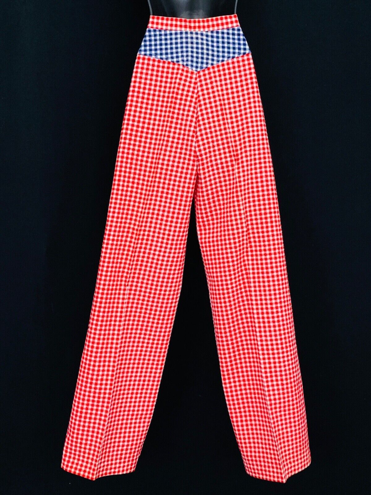 Vintage 1970s red white blue gingham pants, cotton seersucker high waist wide
