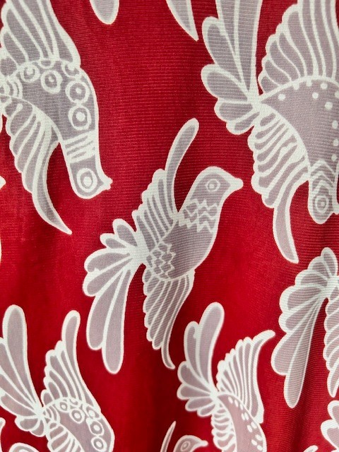 Corky Craig 70s Vtg Mini Dress Red Orange White Bird Short Flared Slvs over L/S