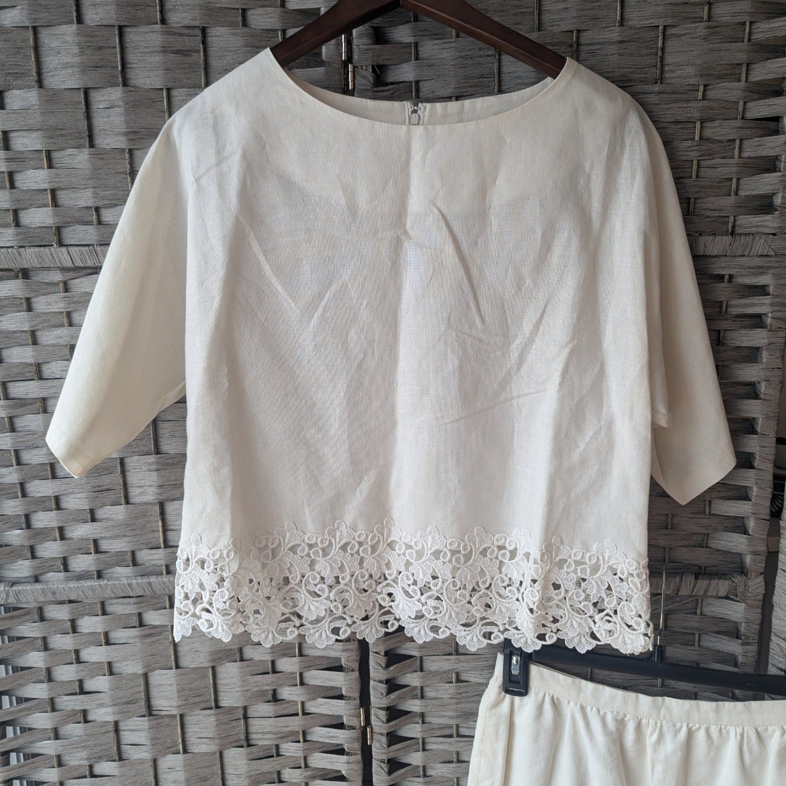 Vtg Cream White Lace Two Piece Twin Set Top Midi Skirt Bridal Fits Modern Sz S