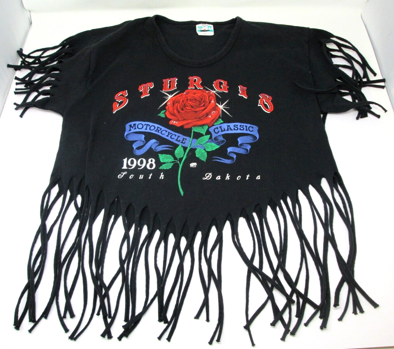 Vtg 90s STURGIS T Shirt Dated 1998 CROPPED Distressed FRINGE Womens One Size