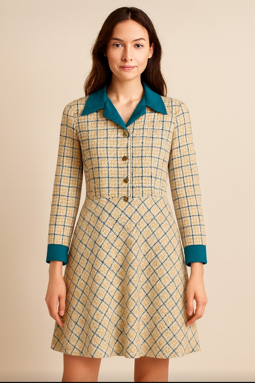 Vintage Handmade 70s Mod Plaid Shirt Dress Teal Collar Cuffs A-Line Retro Style