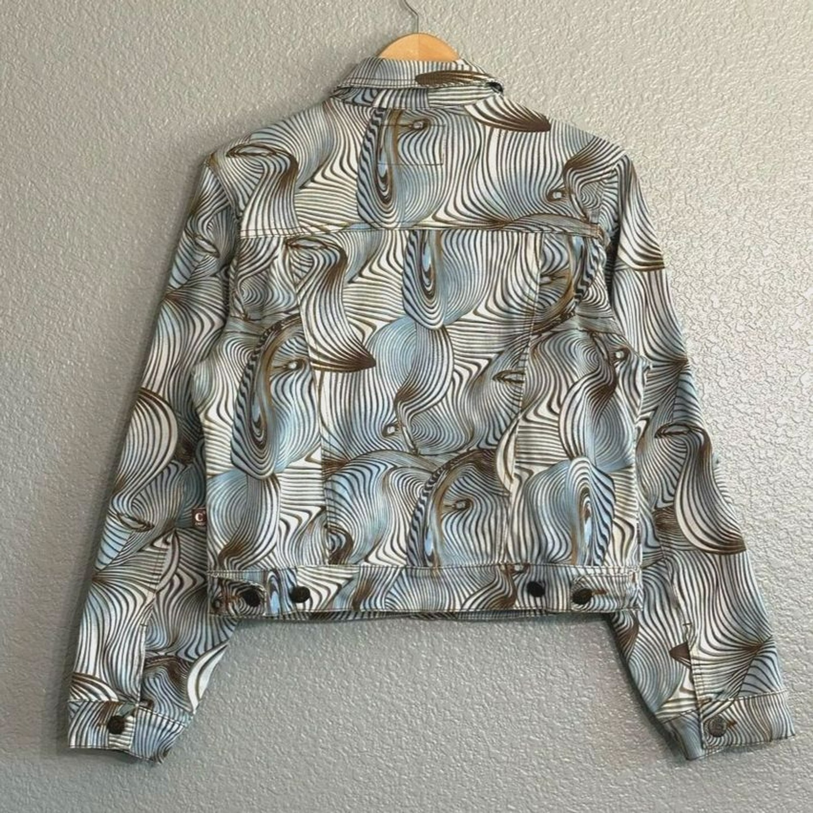 Vintage Abstract Swirl Print Jacket Crop Large Button Up Jean Trucker Funky Coat