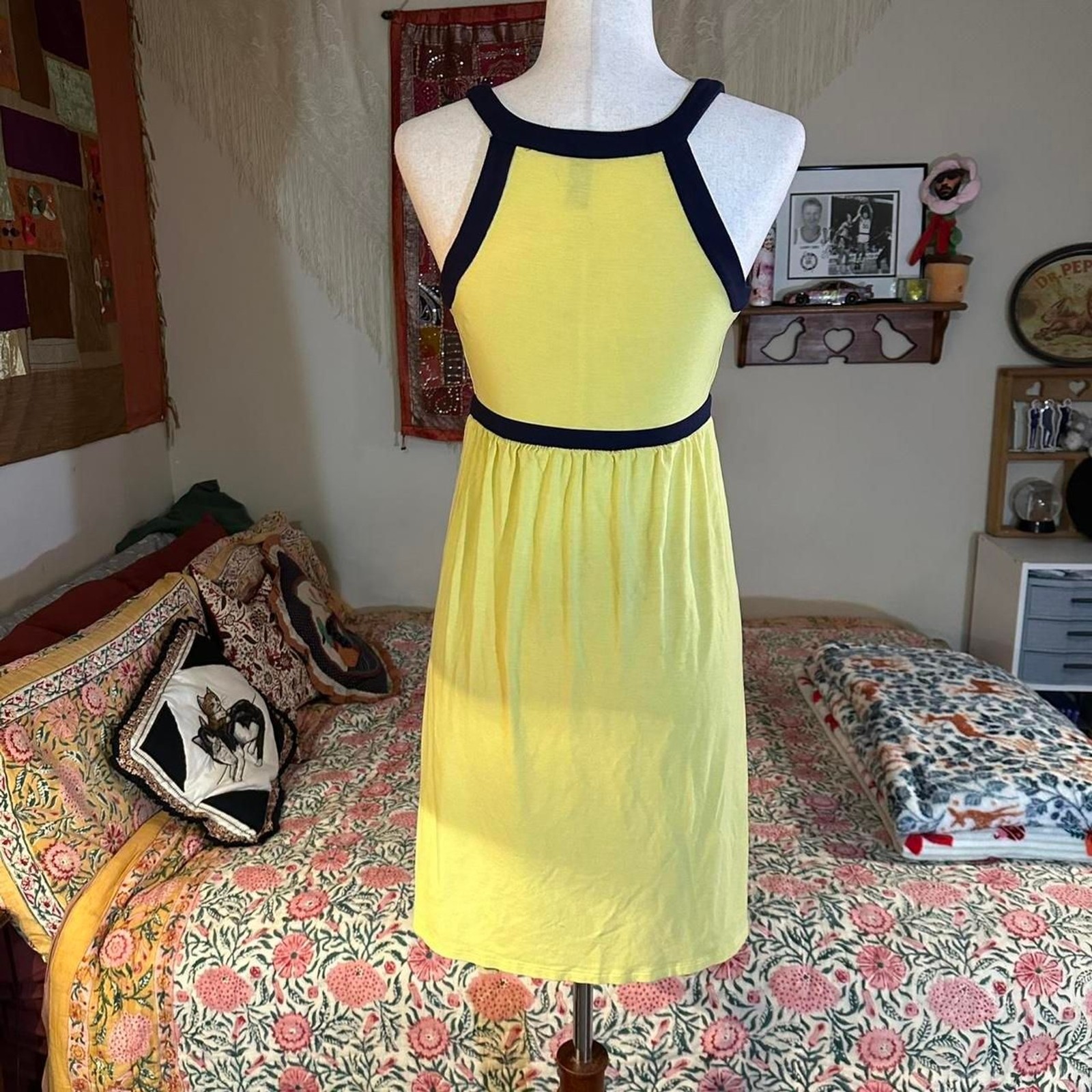 Yellow and Navy Summer Floral Embroidered Mini Summer Dress