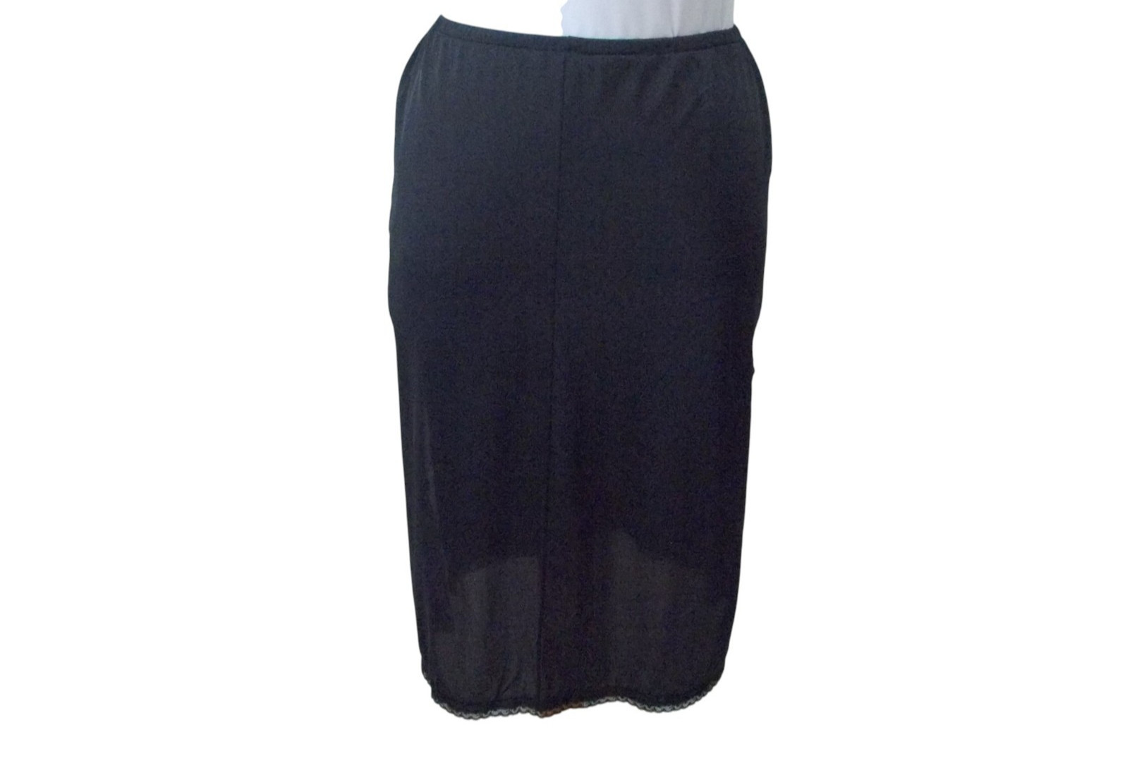 VTG KAYSER Black 100% Antron Nylon Lace Trim Side Slit Half Slip MADE IN USA S