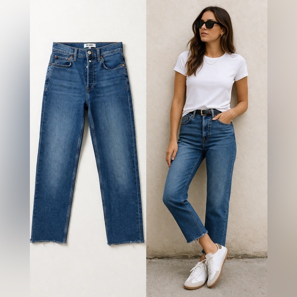 RE/DONE 70s Stove Pipe Jeans Blue 24 High Rise Straight Raw Hem Trendy
