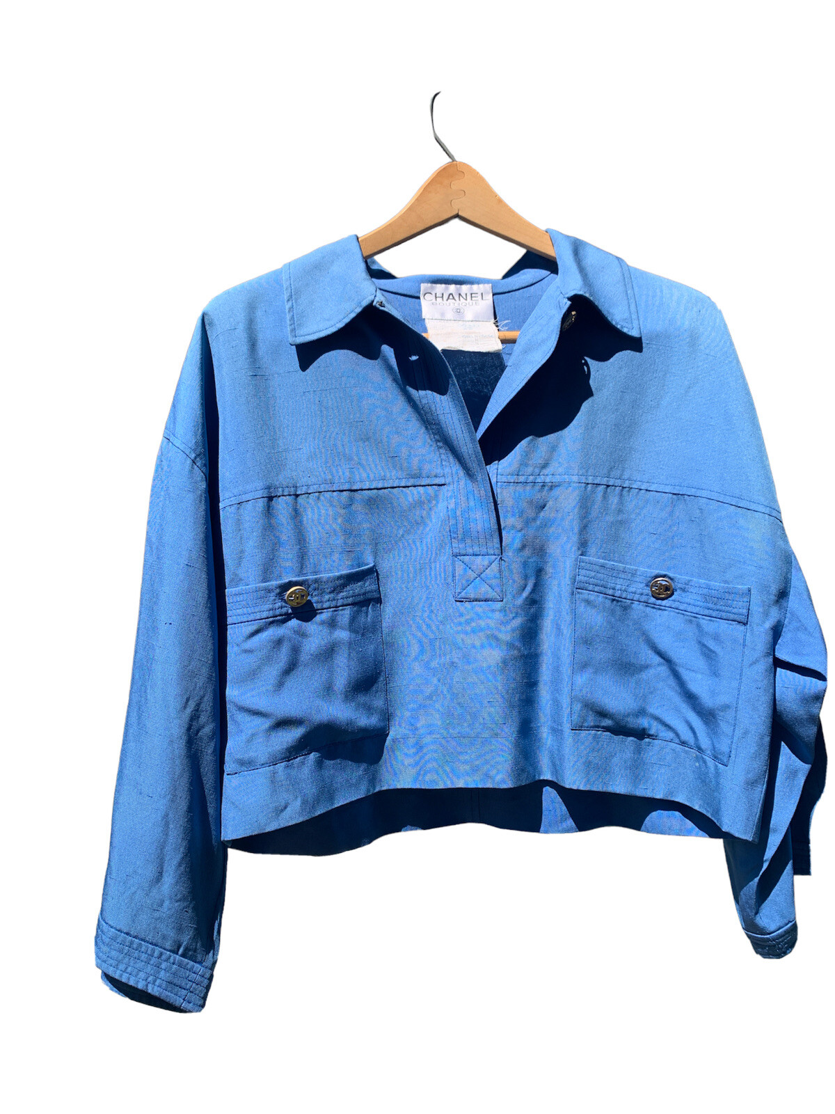 CHANEL Boutique Vintage Blue Tunic Pullover Top CC Logo Buttons Made in France