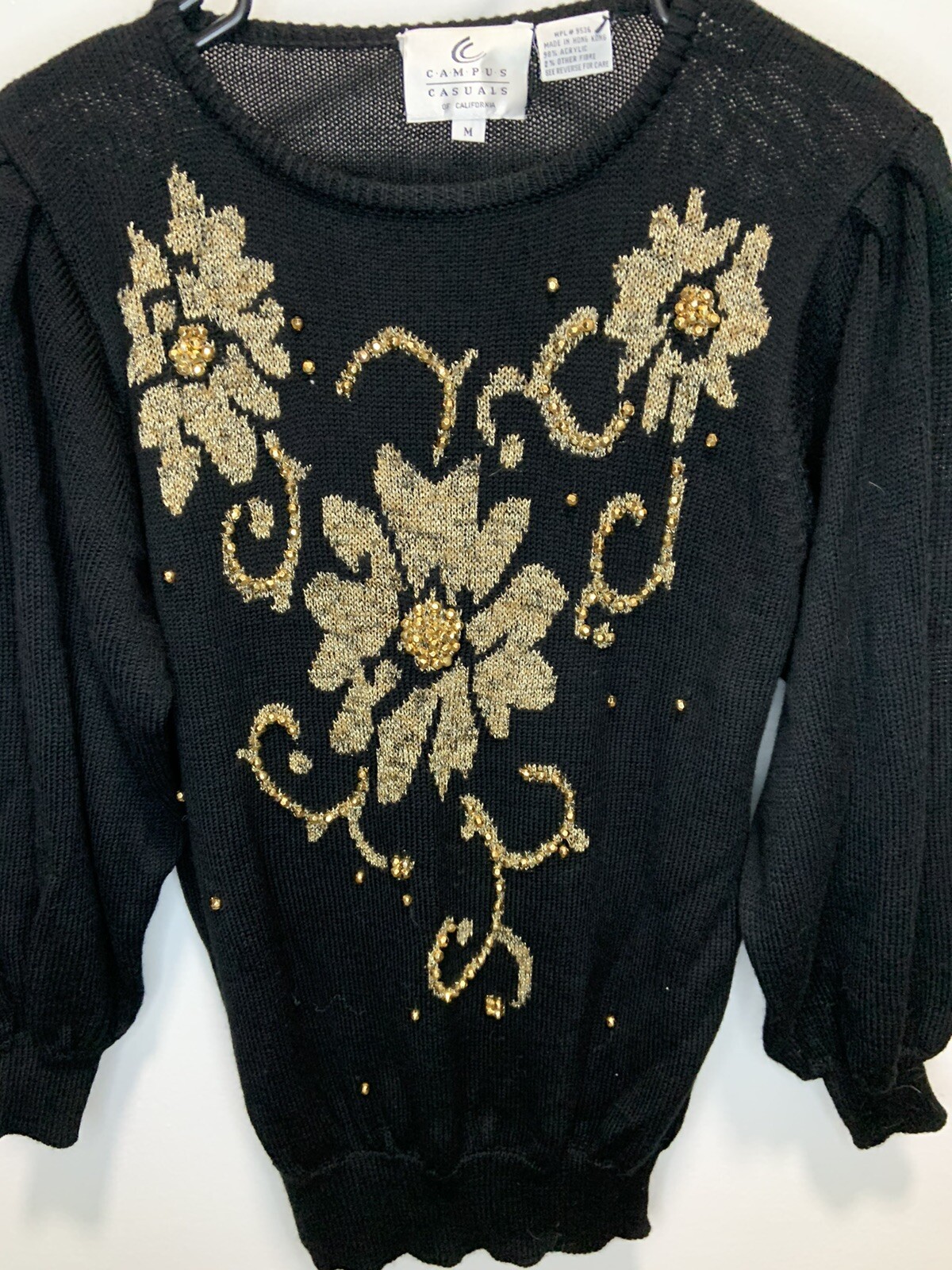 Campus Casual Of CA Vintage Sweater Womens M Black Gold Embellished Floral