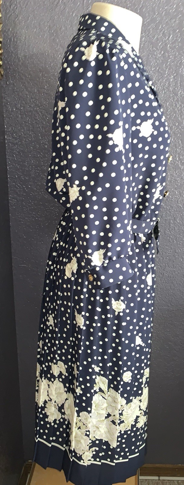 B7 80s SZ 12 BRELI ORIGINALS SILKY BELTED DRESS NAVY FLORAL PAD SHOULDER PLEATED