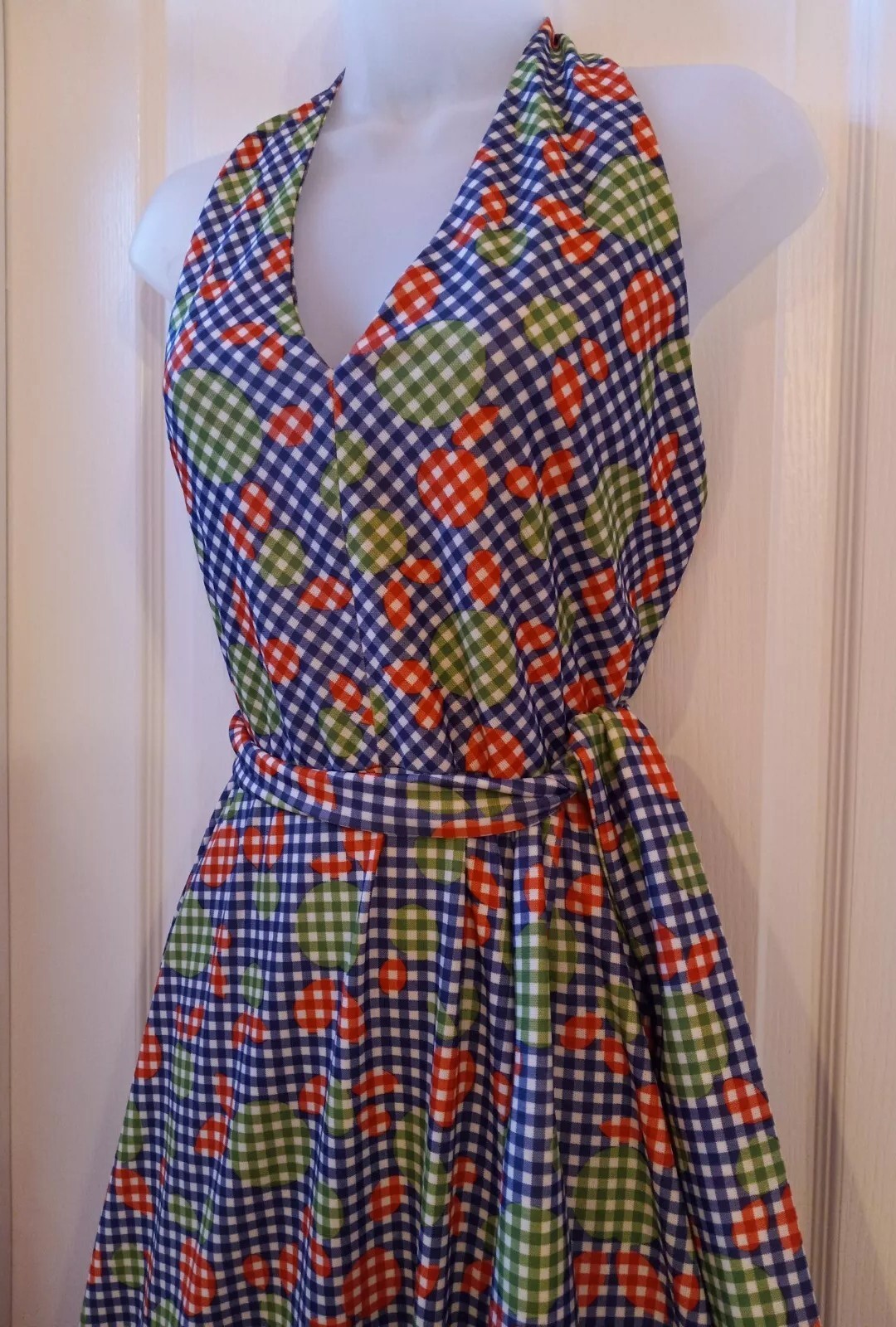 Vintage 70s Jonathan Logan Hippie Groovy Apple Polka-dot Halter Maxi Dress S/M