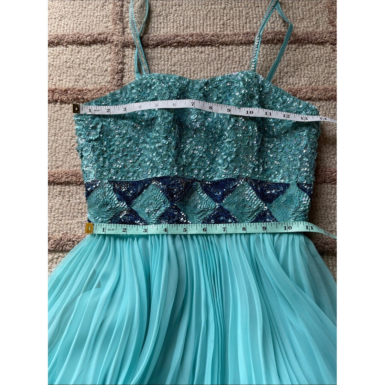 EUC Vintage 60s 70s Mike Benet Aqua Sequin Chiffon Sleeveless Maxi Dress Size 00