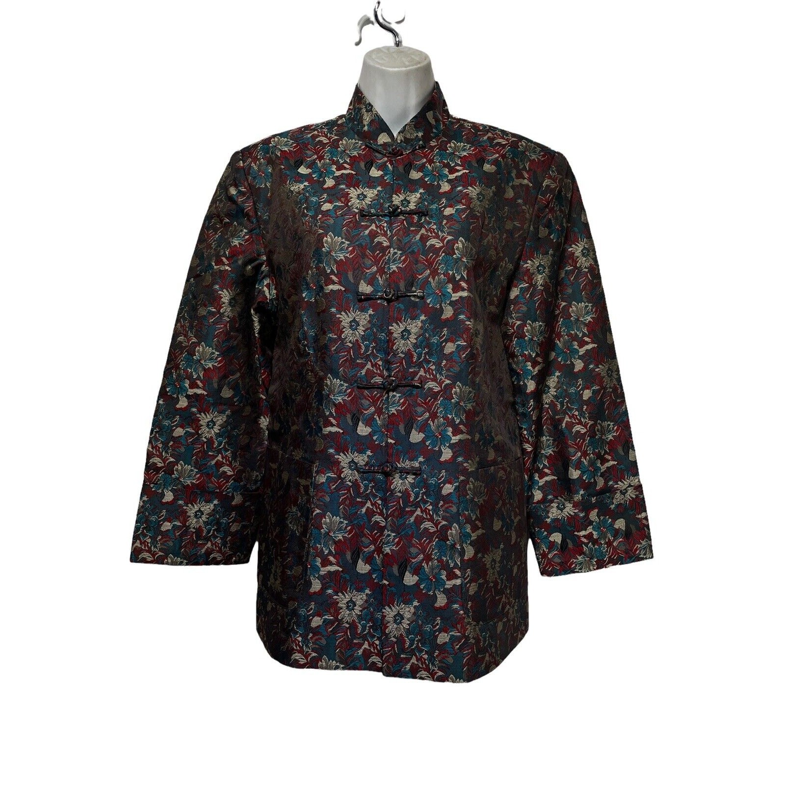 Vintage Lan Vie Brocade Asian Blazer Jacket Floral Button Front Coat Size M
