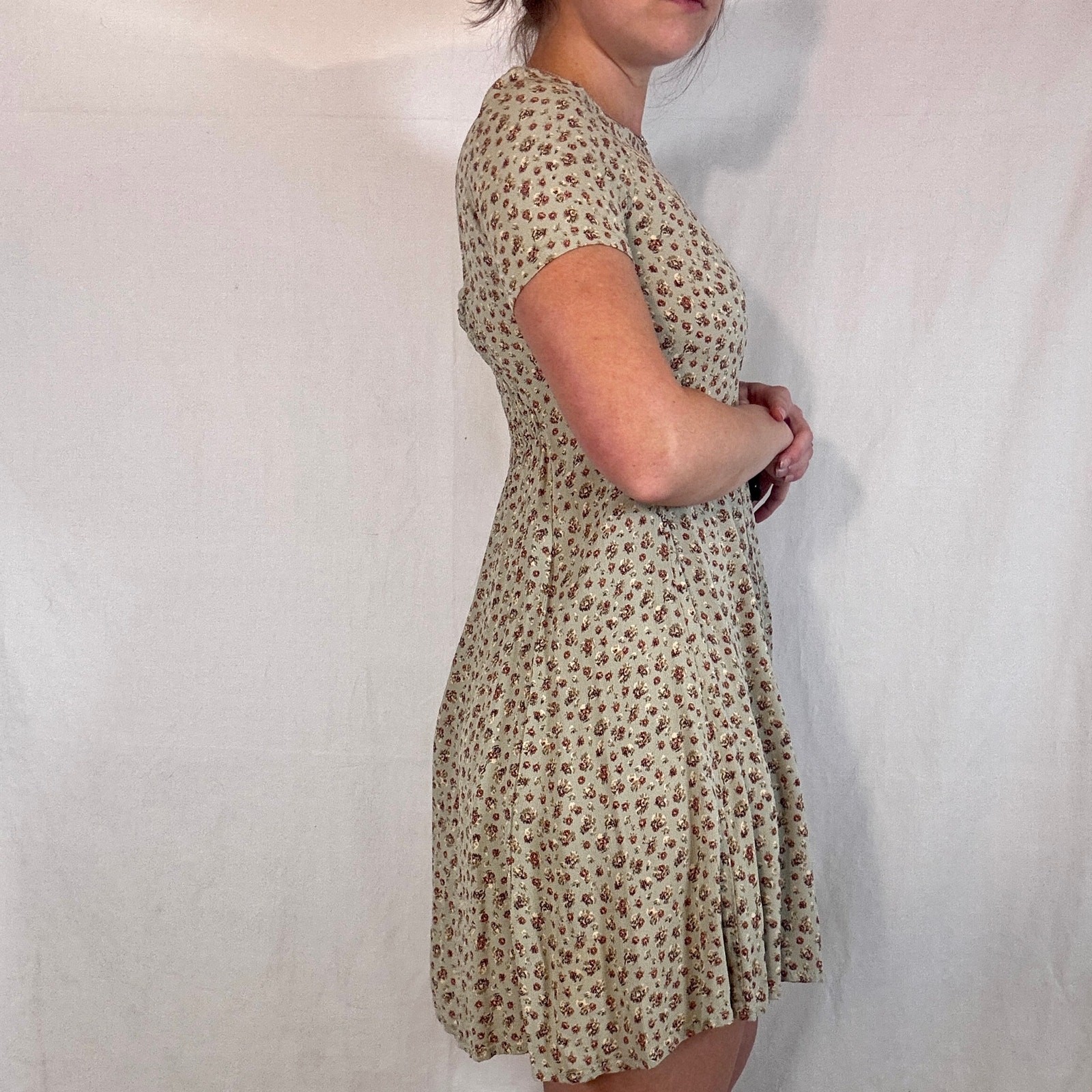 Vintage 1990s Ann Taylor Floral Mini Dress Green Bouquet Print Smocked Back 10P