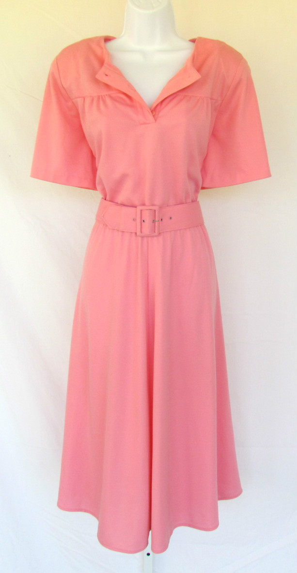 VINTAGE 1960s 70s DRESS ALICIA PINK BELT PADDED SHOULDERS 39″ BUST
