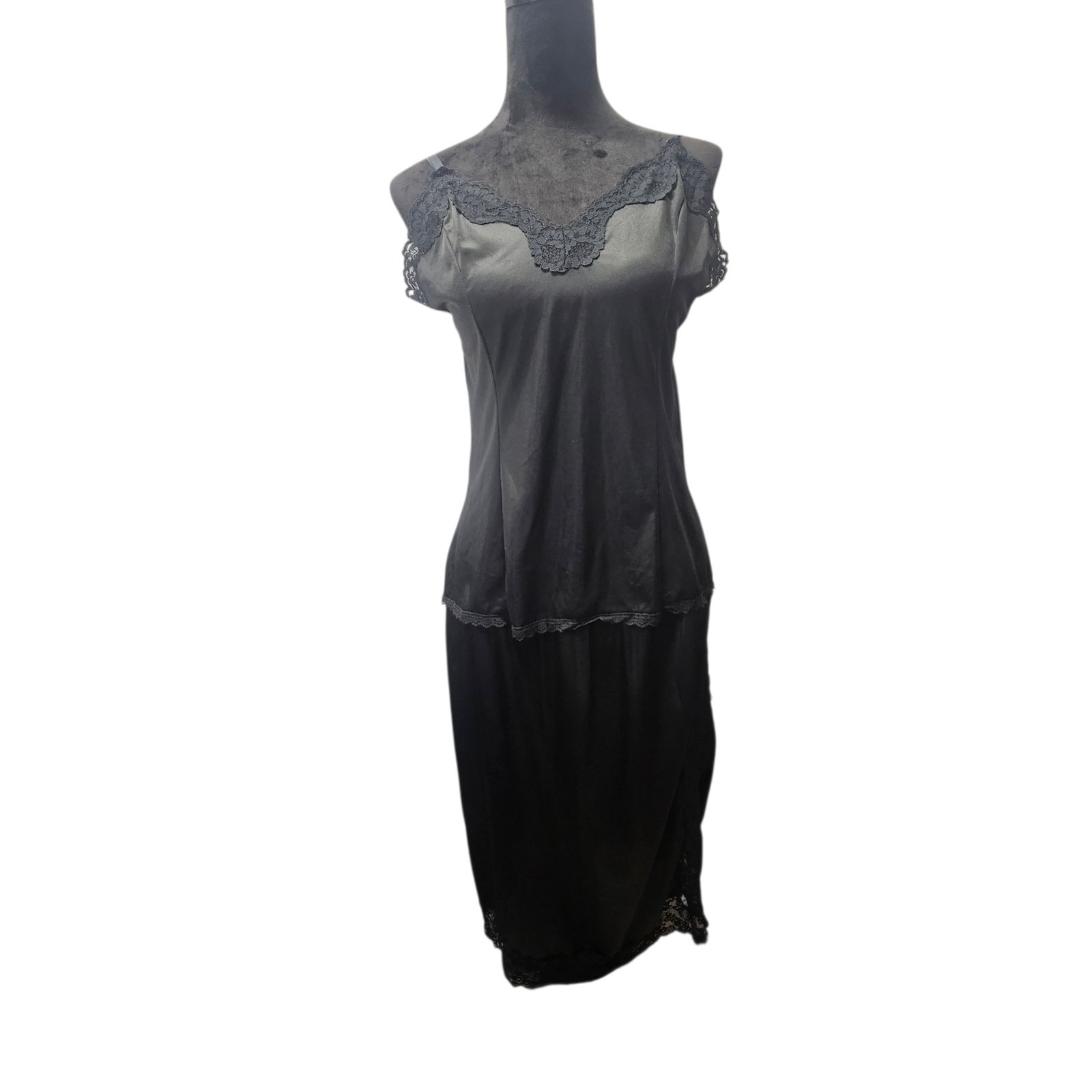 Vintage Women’s Black Mel-Lin Nylon Camisole Slip Set Lace Trim XL Glam Pin Up