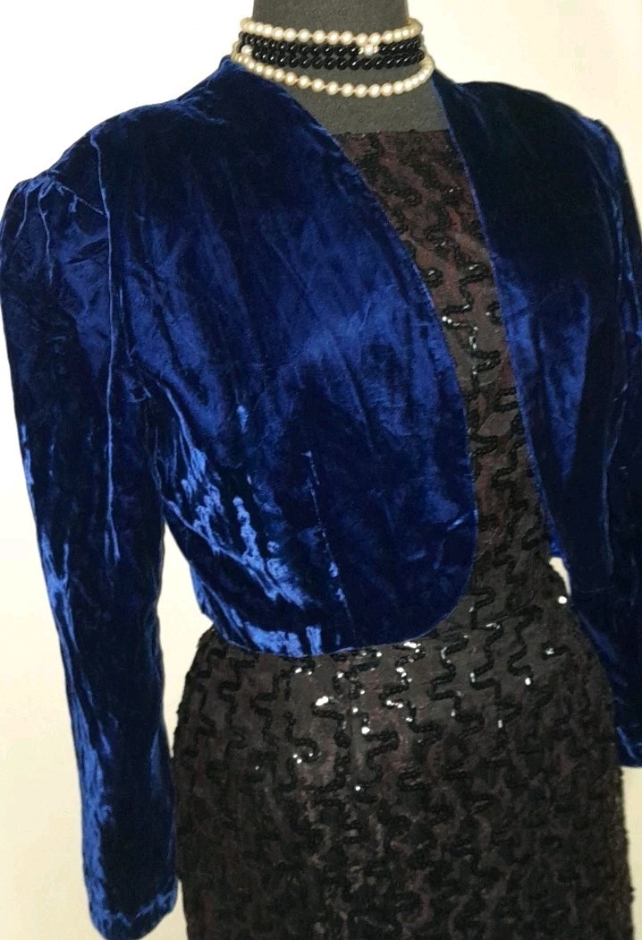 Vtg 30s 40s Style 80s 90s Deco Blue Crushed Mini Velvet Cropped Bolero Jacket M