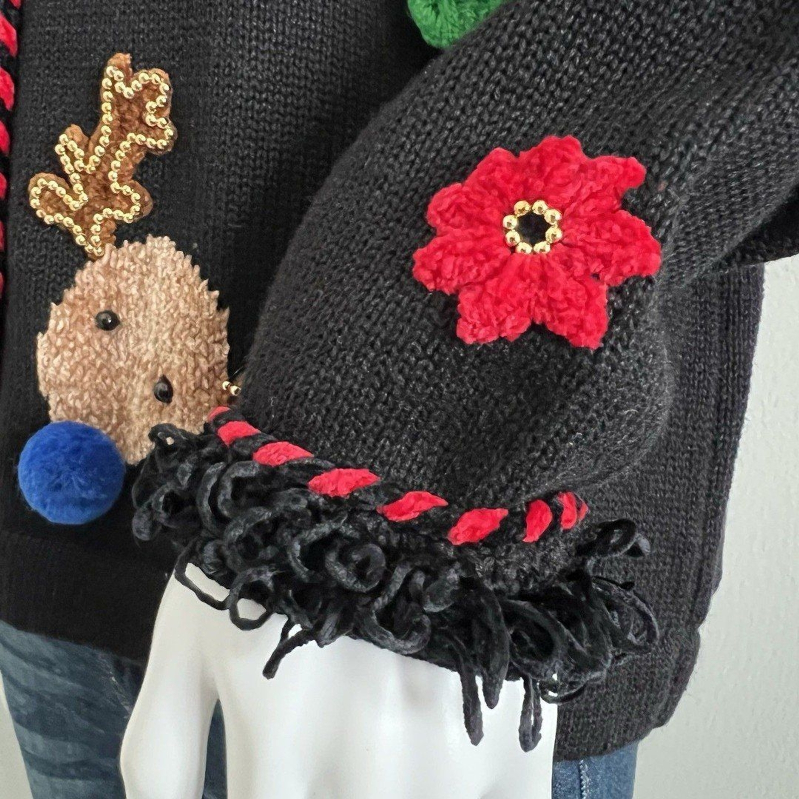 Vintage Jack B Quick Womens Christmas Cardigan M Black Reindeer New Old Stock