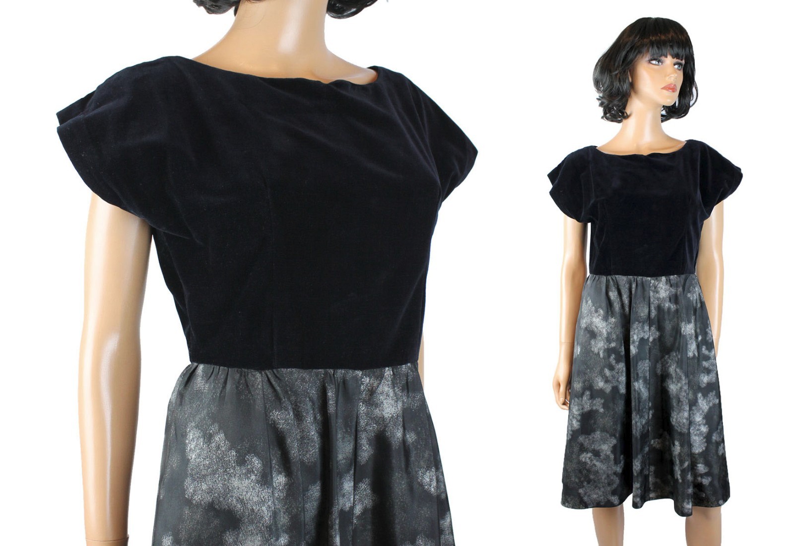 50s Prom Dress Sz S Vintage Black Cotton Velvet Charcoal Gray Taffeta Party Gown