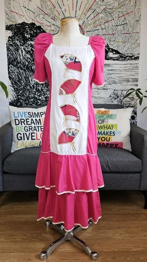 VTG 80s SIDAN HAWAII Tiered Midi MuuMuu Dress Med Beach Resort asian embroidered