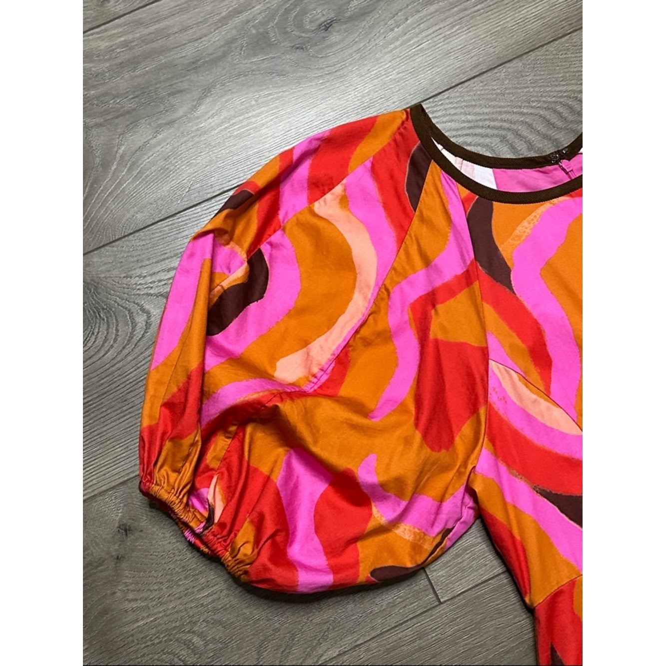 LaRoque Juliette Retro Mini Pocket Dress Puff Sleeves Orange Pink Groovy Medium