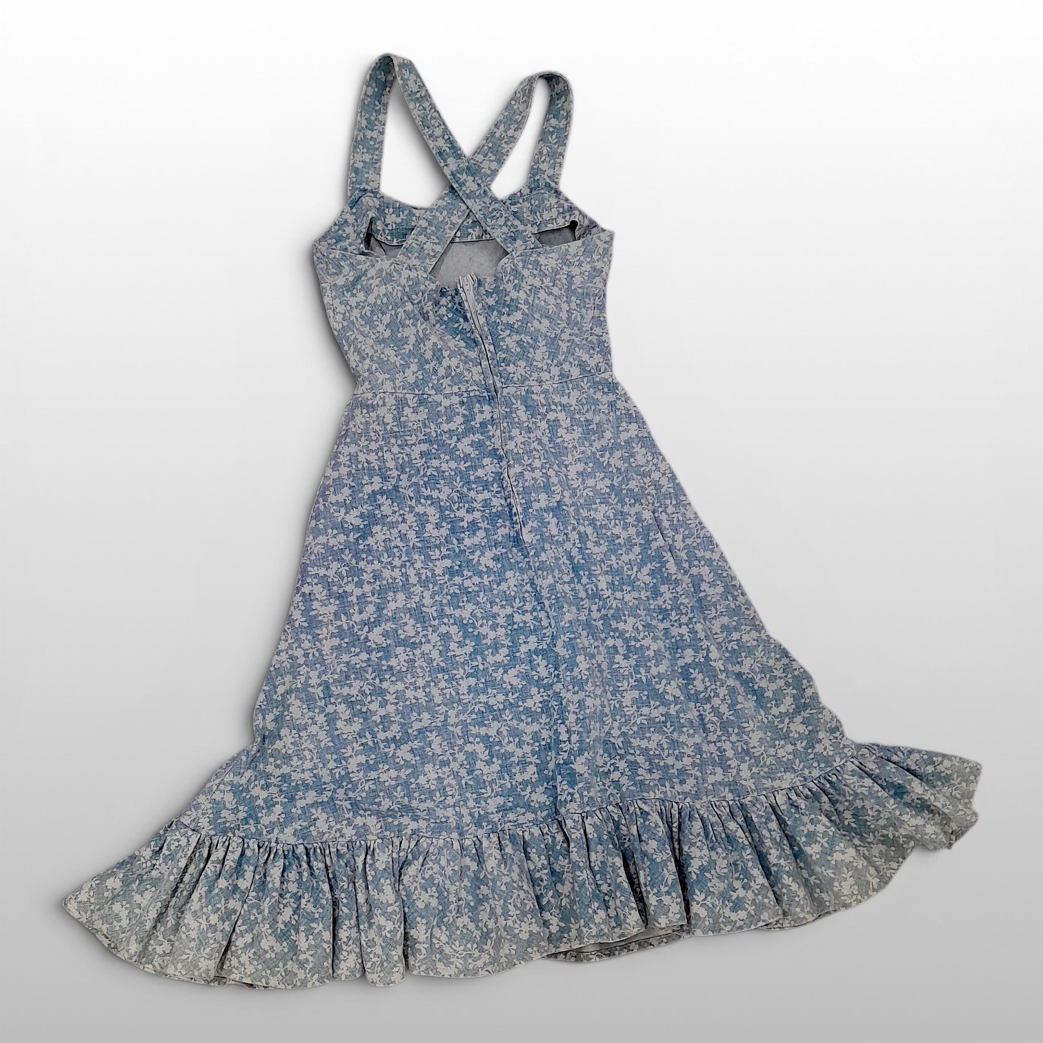 Vintage 1970s Blue Floral Denim Prairie Style Sundress Size Small/Medium