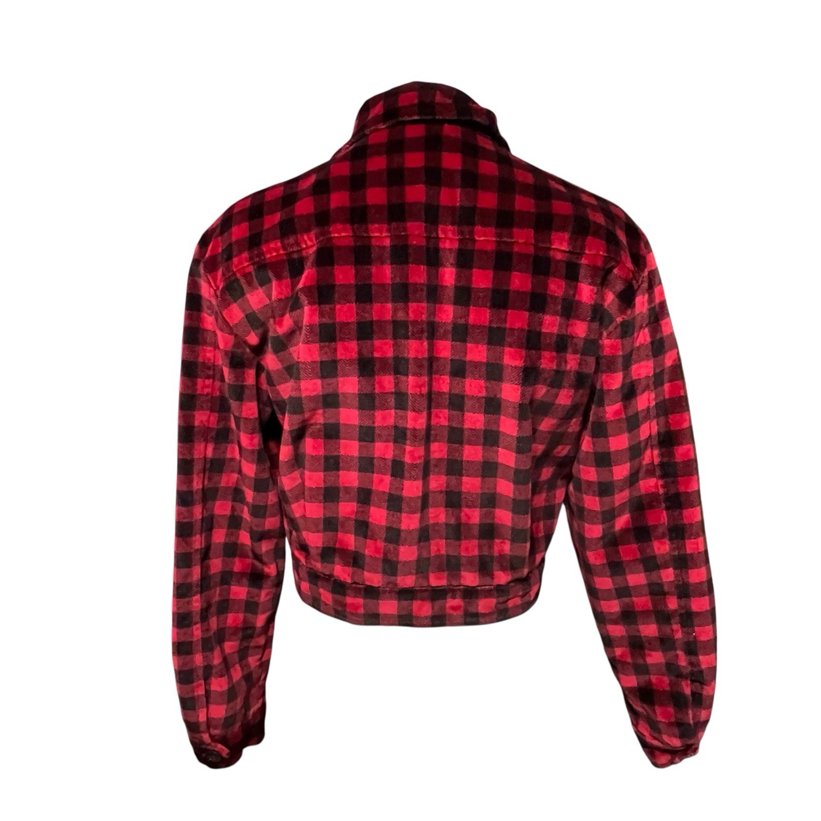 Vtg Bushwacker Cropped Velour Jacket Womens S Red Black Check Plaid USA Made